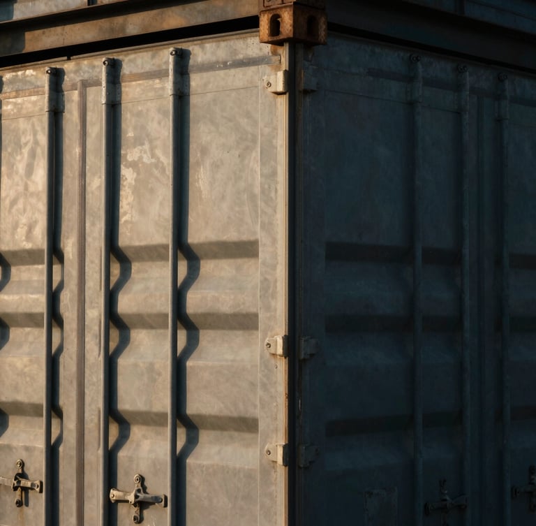 Close-up of a clean, industrial steel shipping container corner casting with high-contrast shadows, architectural framing
