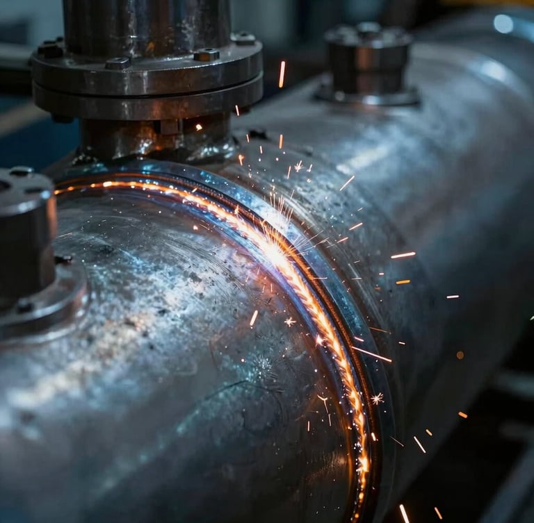 Extreme close-up of a flawless sub-arc weld seam on a massive steel pressure vessel, dramatic warm orange sparks flying against cold steel blue workshop lighting, gritty industrial photography