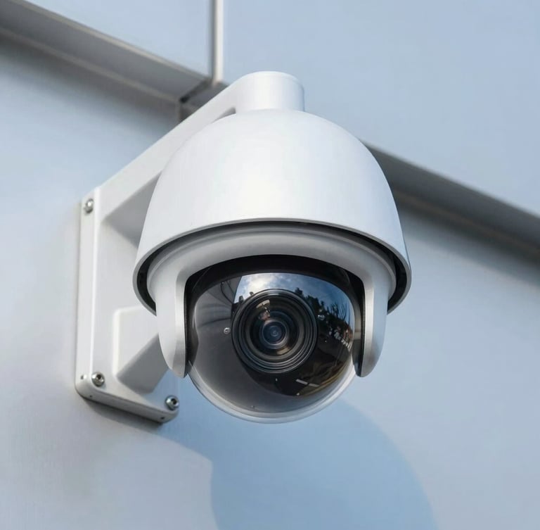 Close-up of a professional dome CCTV camera installed on a clean building facade, bright daylight, clear glass lens, technical photography