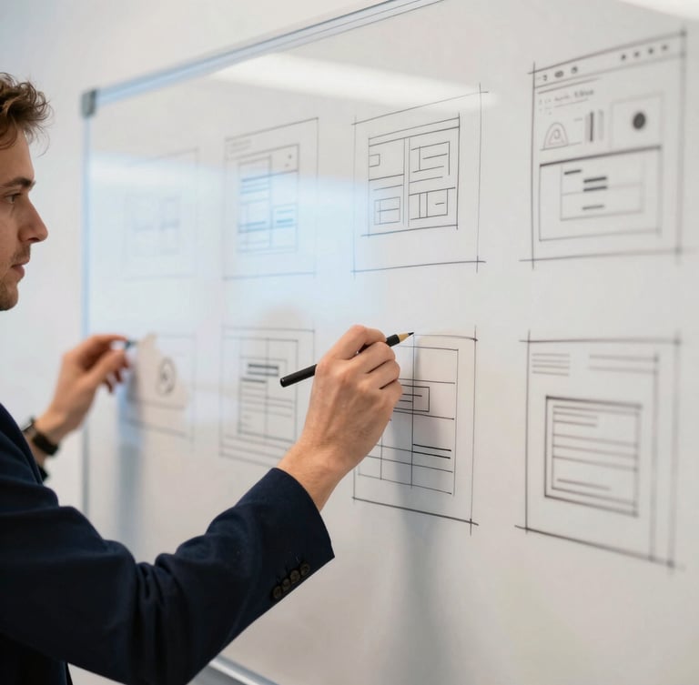 Warm editorial technology photography, close-up of a collaborative whiteboard session with hand-drawn wireframes, soft blue screen glow, 35mm