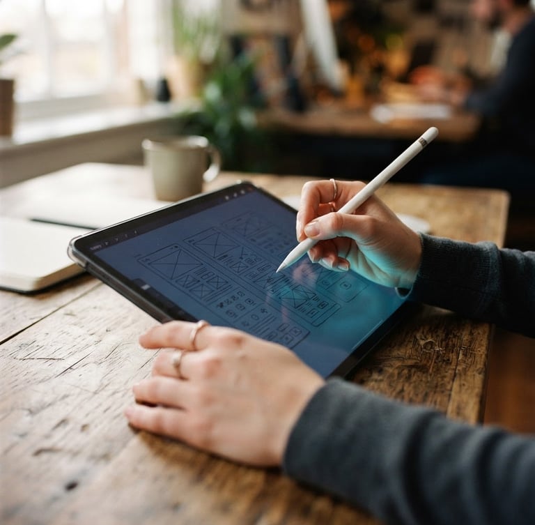 Close-up of hands sketching wireframes on a tablet, soft blue screen glow, warm natural desk lighting, 35mm