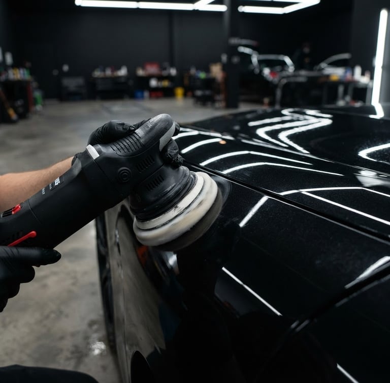 Sleek automotive photography of a dual-action polisher correcting a deep metallic black car panel, dramatic high-contrast workshop LED light lines reflecting off the paint, sharp macro focus, 35mm lens.