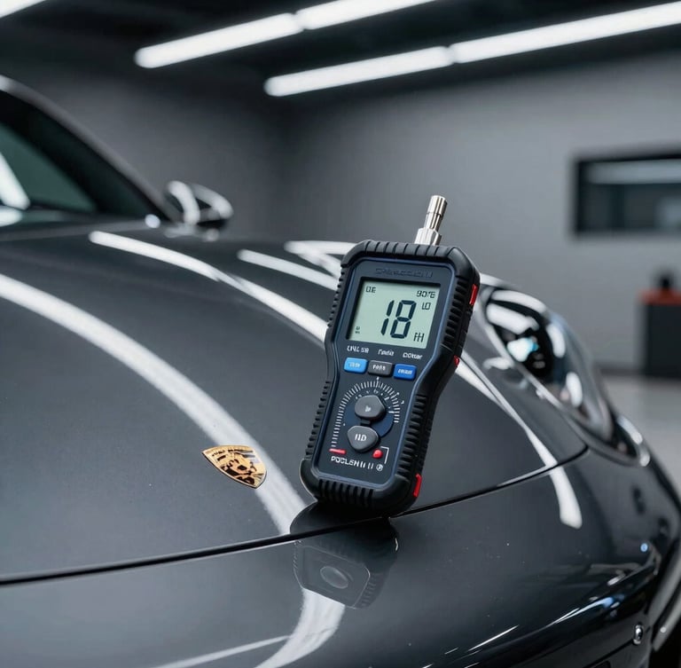 Sleek automotive photography of a digital paint depth gauge displaying micron measurements on a clean Porsche fender, sharp LED reflection lines on the dark paint, premium garage background, 35mm lens.