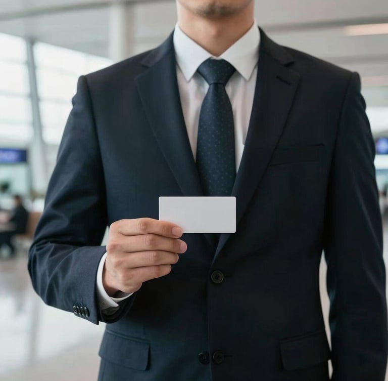 Close-up of a professional chauffeur in a dark tailored suit holding a discreet nameboard inside a modern, bright airport terminal, soft cinematic lighting.