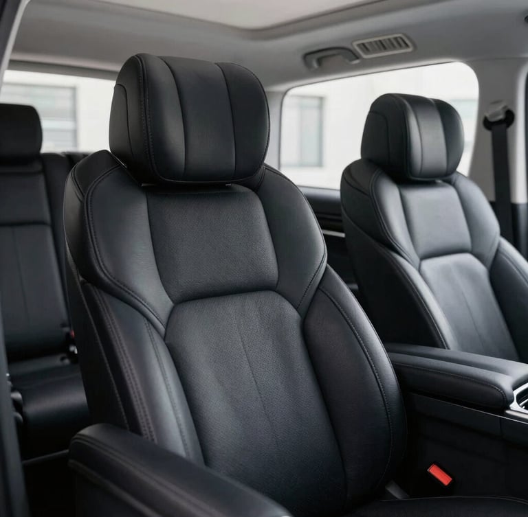 Macro editorial shot of premium black leather seats in a Mercedes V-Class, soft lighting highlighting the texture, executive rear cabin, quiet luxury, 35mm