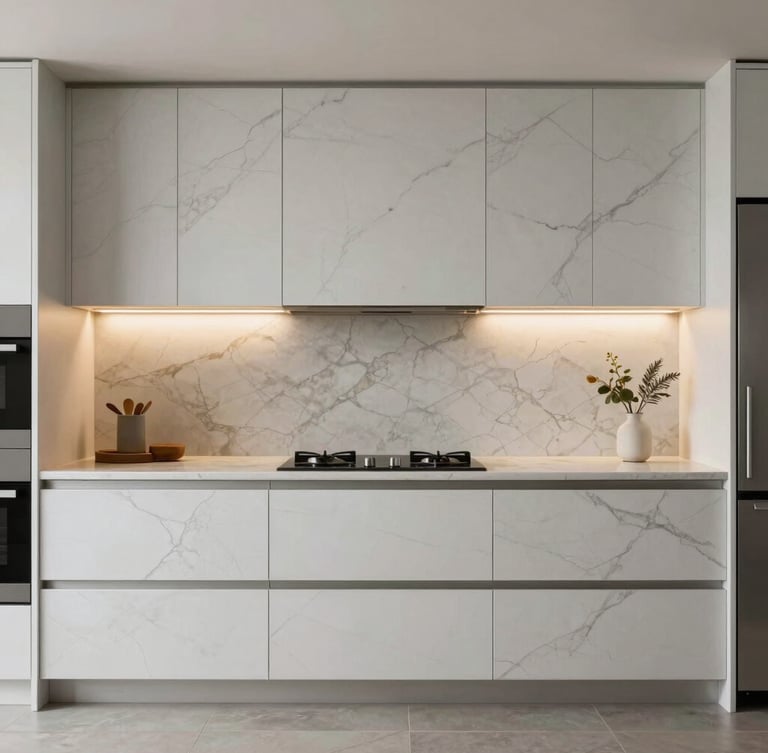 Straight-on architectural photograph of a luxury kitchen featuring perfectly aligned marble veining and warm diffused lighting.