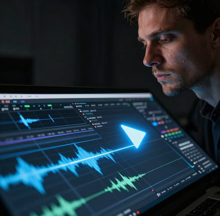 Extreme close-up portrait of a professional video editing timeline interface, glowing electric blue playhead marker slicing through detailed audio waveforms, dark studio background, low-key lighting.