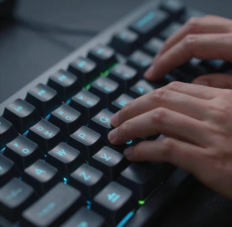 Macro close-up of developer hands typing on a mechanical keyboard, cool crisp studio lighting with subtle green ambient glows, shallow depth of field
