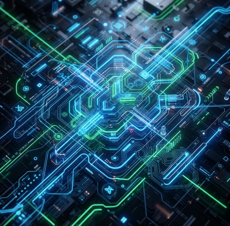 Sleek tech 3D render of glowing abstract interface elements, electric blue and neon green neon lines, dark mode design aesthetic, crisp studio lighting, macro shot