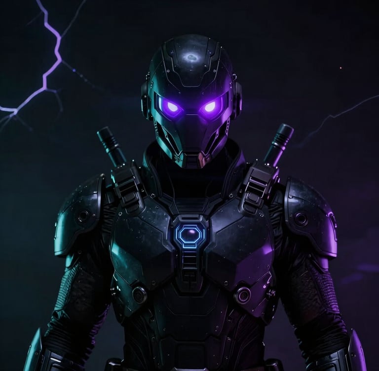 Dramatic shadow-drenched portrait of an alternative dystopian hero wearing technical armor, glowing purple visor highlights, dark comic-book noir style, high contrast, cinematic light