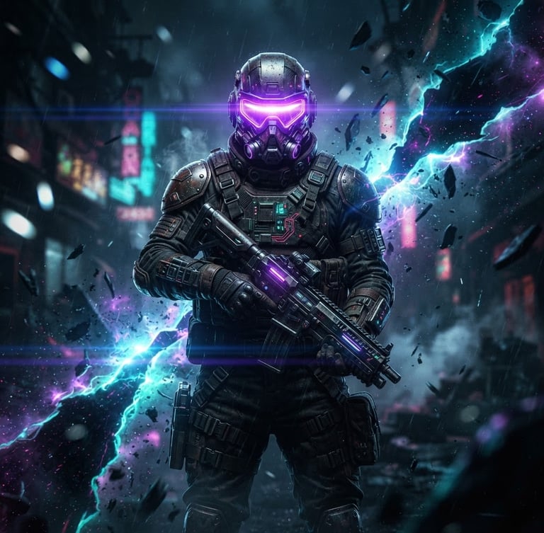 Cinematic dark sci-fi portrait of a dystopian, shadow-drenched alternative hero with glowing neon purple visor, standing amidst fractured temporal rifts, anamorphic lens