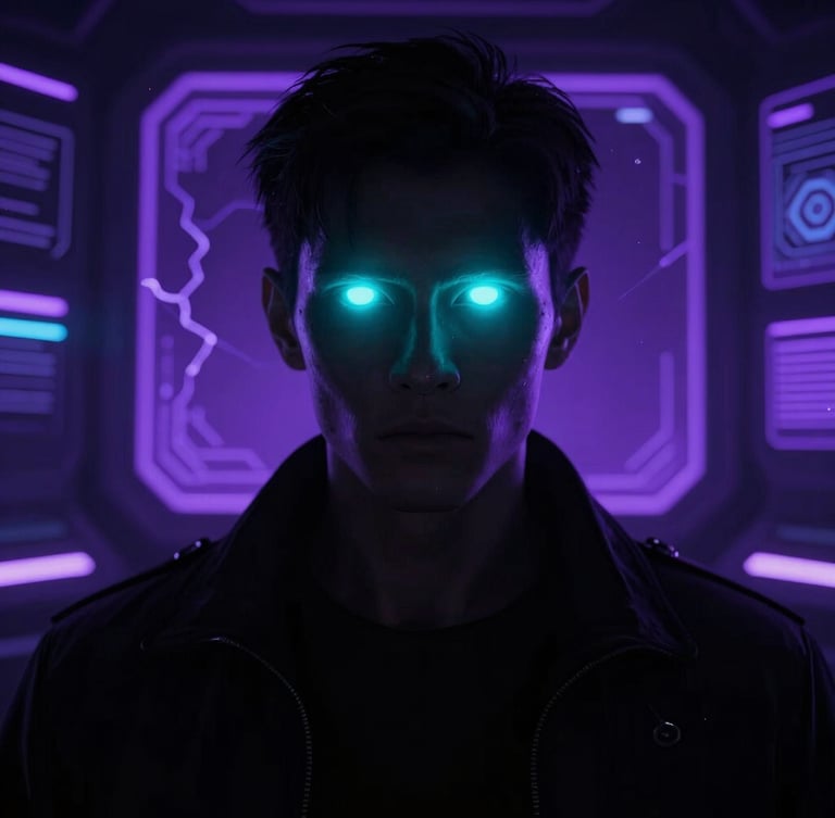 A shadow-drenched portrait of an alternative, dystopian hero with glowing neon cyan eyes, looking out from a dark, high-tech command center with purple holographic screens.