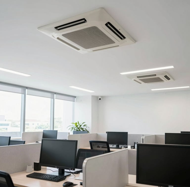 Bright modern corporate office interior with clean, well-maintained ceiling-mounted air conditioning cassette units, professional business environment in Bengkulu.