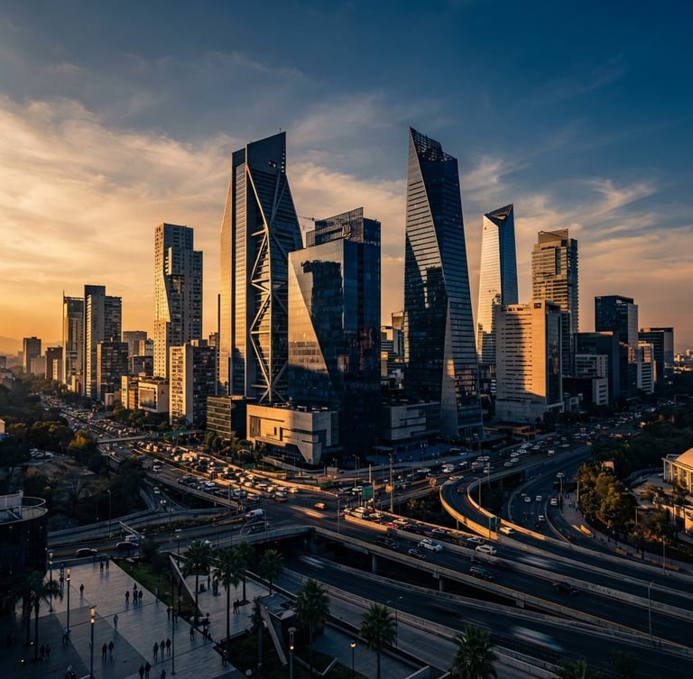 Wide panoramic shot of modern, high-rise architectural lines in a Mexican financial district at golden hour, sharp shadows, cool tones with warm highlights, 35mm lens.