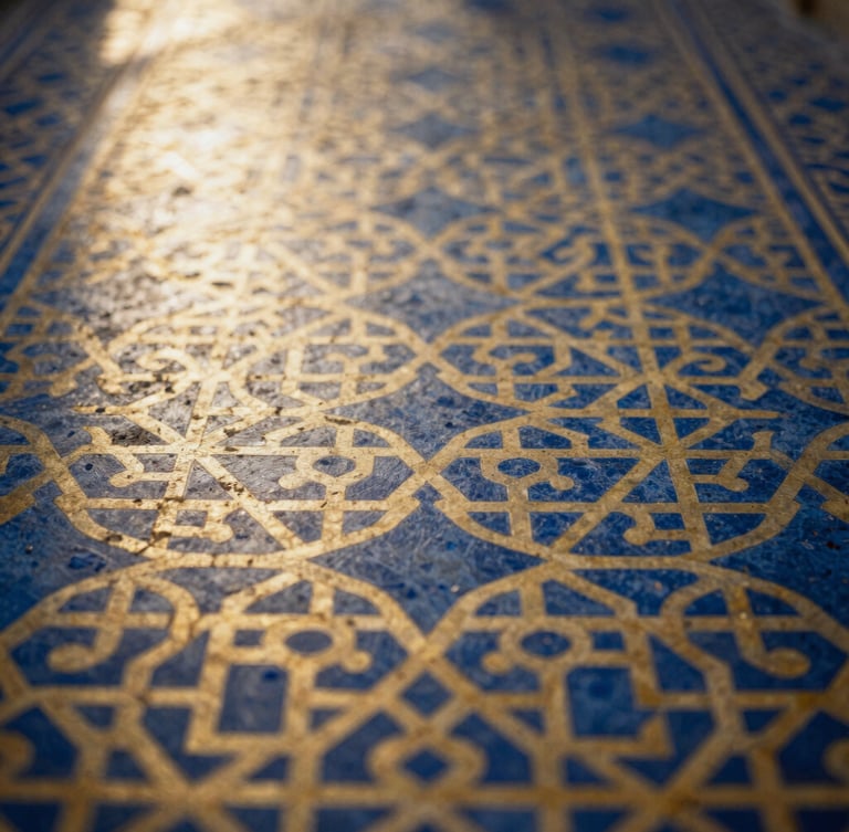 Abstract geometric pattern inspired by Islamic art, deep blue and gold tones, soft ambient light, wide shot with focus on intricate details, 35mm