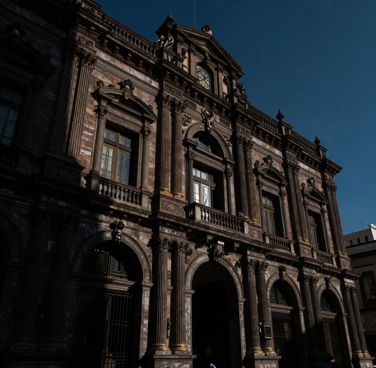 Low-angle heroic shot of an imposing CDMX court facade, dramatic chiaroscuro lighting, deep navy tones, sharp shadows on marble