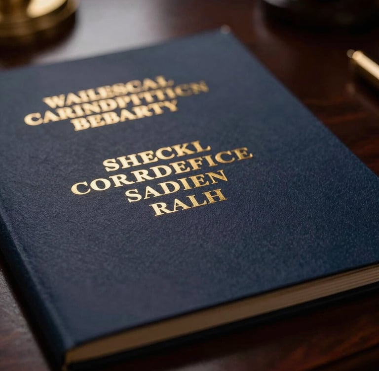 Close-up macro shot of gold-embossed legal documents on a dark mahogany desk, dramatic side-lighting, sharp contrast, professional authority.