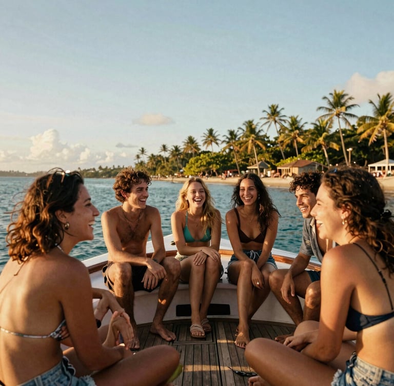 Candid group of friends laughing on a wooden boat deck in Guanabara Bay, warm golden-hour tropical sunlight, 35mm film aesthetic
