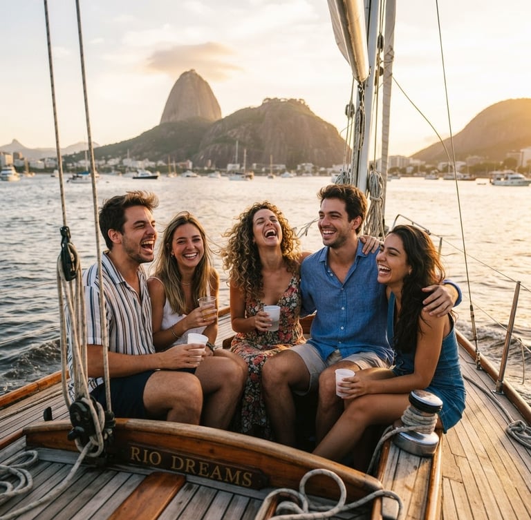 Candid group of friends laughing on a sailboat in Guanabara Bay, Sugarloaf Mountain in the background, warm golden hour tropical sunlight, 35mm film aesthetic