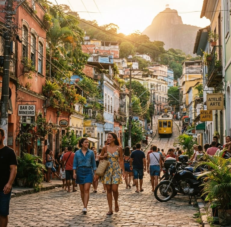 Candid eye-level shot of a sun-drenched Rio street in Santa Teresa, warm golden hour tropical sunlight, rich saturated colors, 35mm film aesthetic.