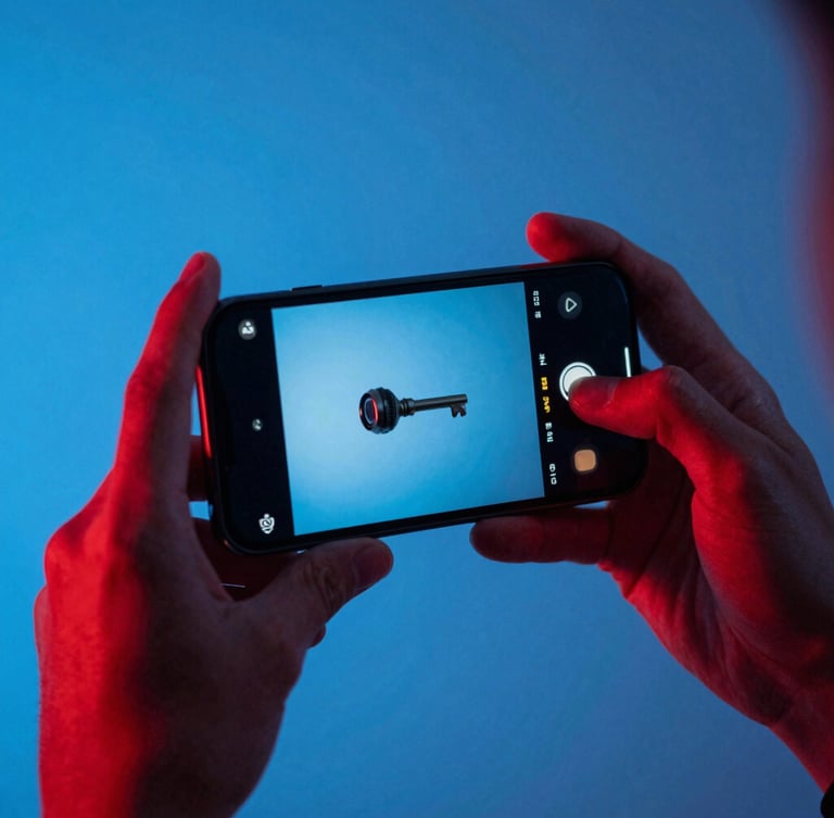 Low-angle dynamic close-up of hands holding a smartphone displaying a high-contrast video loop, sharp red key light and cool blue ambient fill, 35mm lens