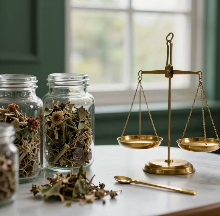 An elegant clinical consultation setup, raw dried botanicals in glass jars, brass scales, soft natural window light, deep forest green accents, 35mm photography