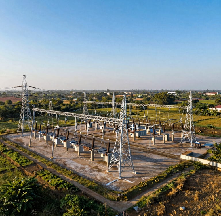 Wide environmental shot of massive electrical substation infrastructure and high-voltage transmission towers cutting across the rural South Indian landscape, bright daylight, sharp geometric lines