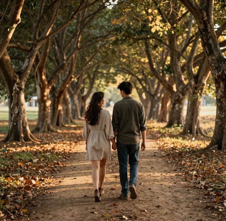 Una pareja joven, tomados de la mano, caminando por un sendero arbolado con luz solar filtrándose, simbolizando apoyo y un camino compartido, fotografía editorial cálida.