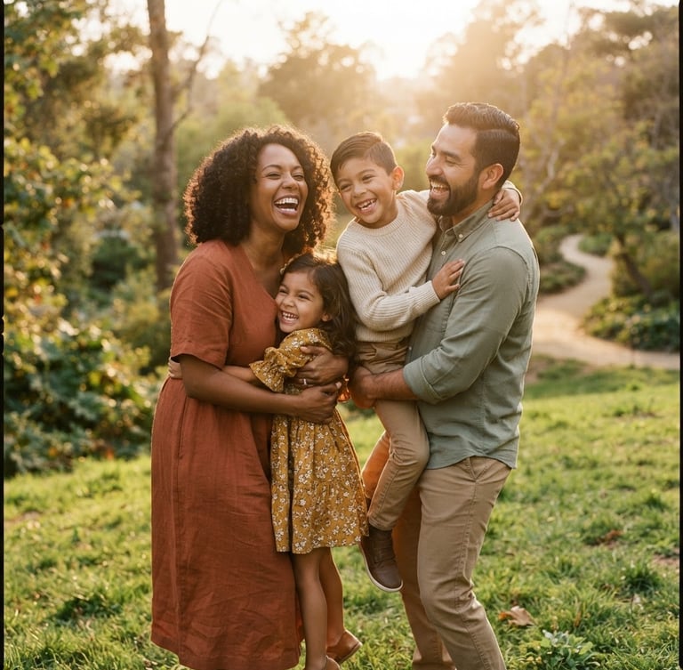 Una familia diversa (padres e hijos) riendo juntos al aire libre en un parque, con luz cálida de atardecer, enfoque suave, tonos tierra orgánicos, estilo editorial.