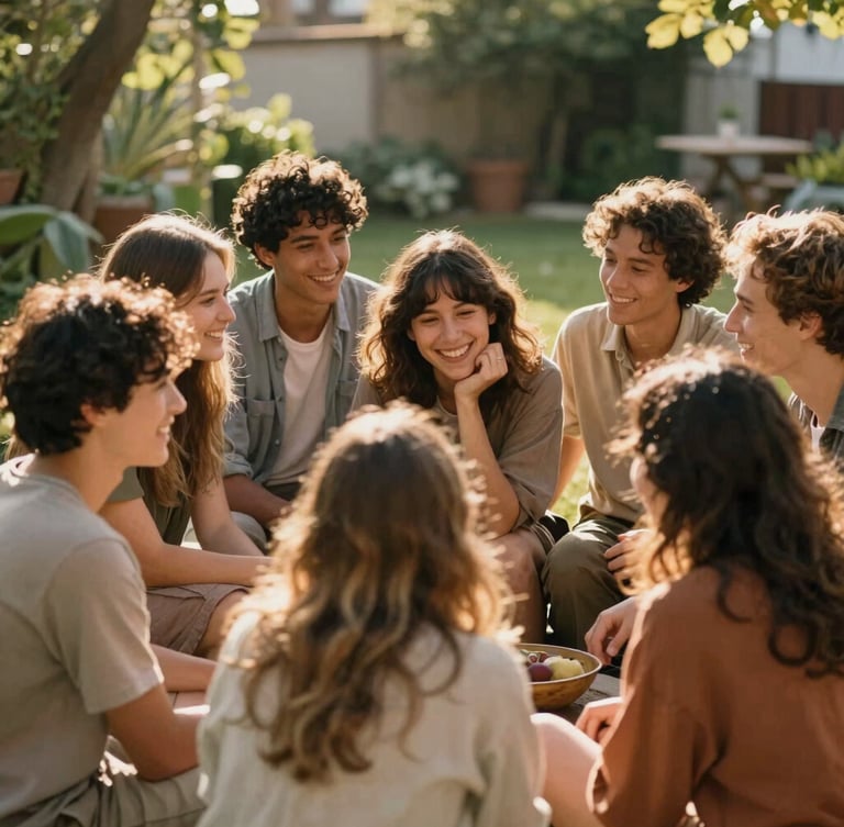 Un grupo diverso de amigos riendo y conversando en un jardín soleado, mostrando conexión y comunidad, luz natural suave, fotografía editorial.
