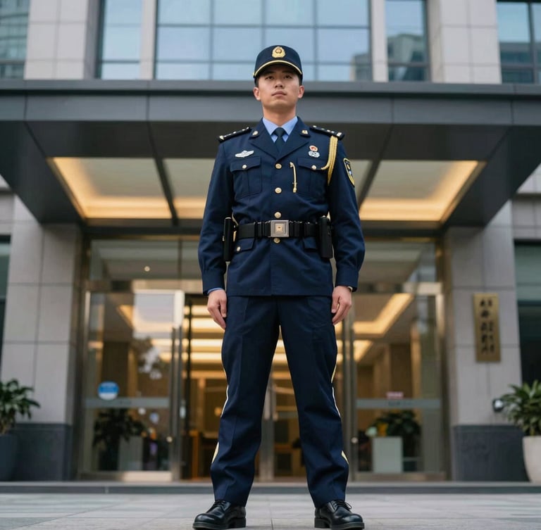 Low-angle heroic shot of a disciplined uniformed security guard standing alert in front of a modern corporate entrance, sharp daylight, deep blue uniform, gold badge in focus, 50mm lens