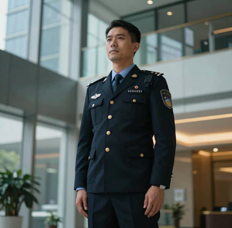 A sharp corporate security officer in a dark navy uniform standing alert in a modern glass lobby, cool daylight with warm amber accents, low-angle heroic framing, 50mm lens.