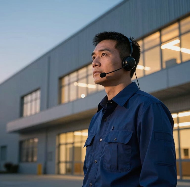 A focused security supervisor with a communication earpiece looking out over a secure warehouse facility at dusk, sharp focus, amber ambient lighting, professional corporate photography.