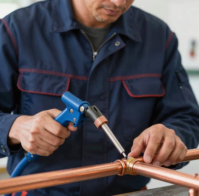 Close-up of a professional plumber in a clean navy uniform soldering copper pipes with a torch, bright natural work light, sharp focus, 35mm lens