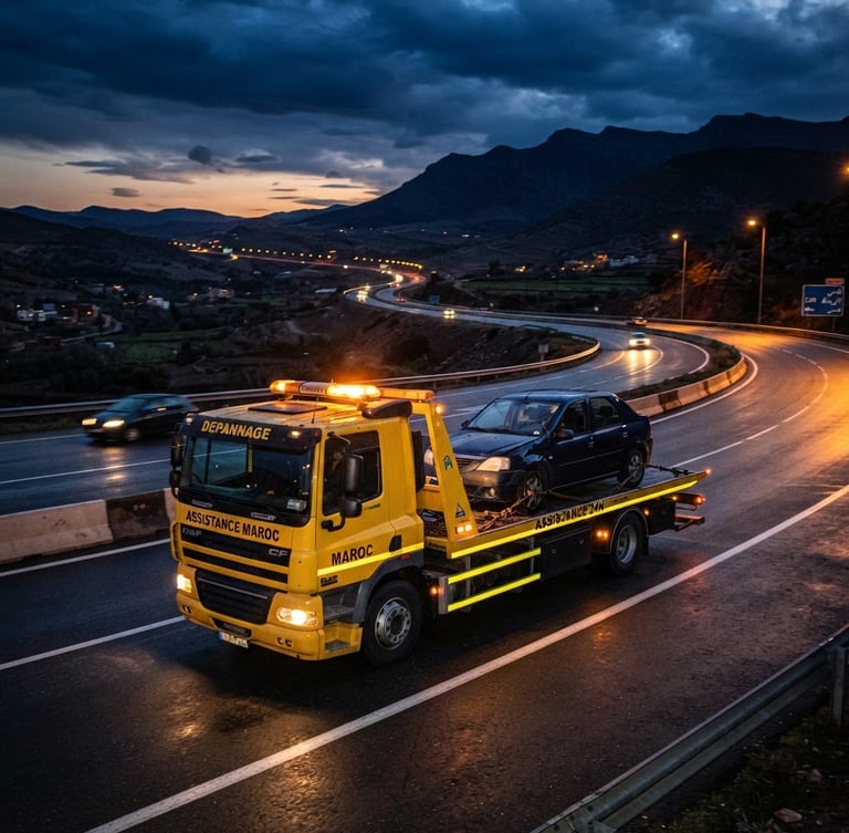 Wide environmental shot of a professional yellow tow truck on a Moroccan highway during dusk, high-contrast night-time highway lighting, vivid yellow safety accents, sharp realistic details.