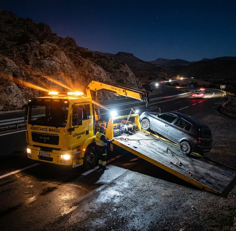 Wide environmental shot of a professional yellow tow truck on a Moroccan highway at night, bright flashing safety lights, high-contrast dramatic lighting, secure winch mechanism visible, realistic details, ultra-reliable feel.