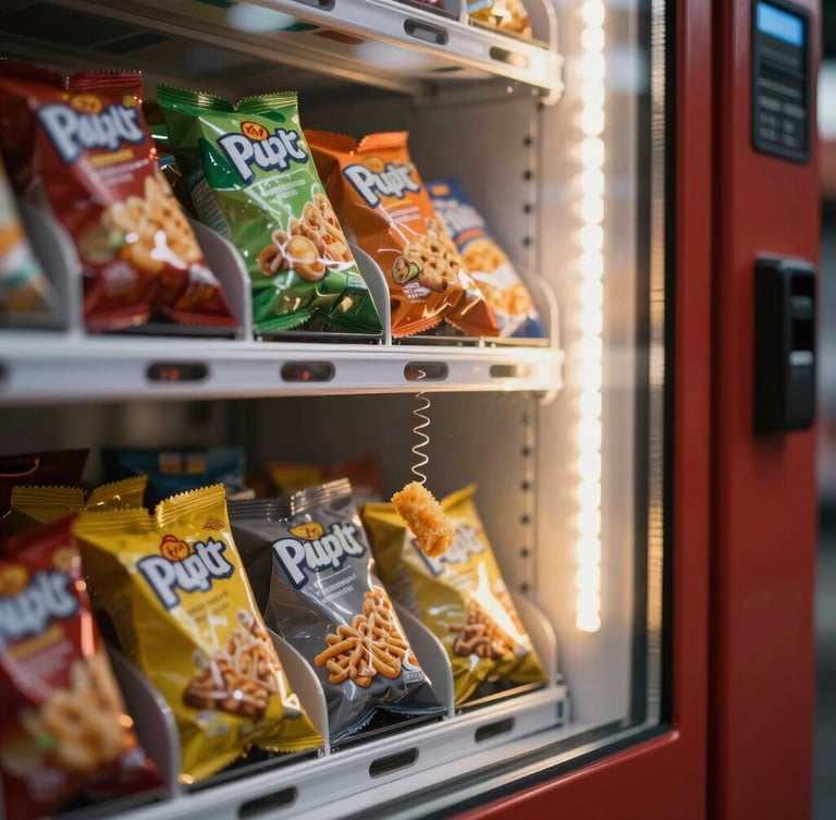 Macro side-view shot of a modern vending machine coil dropping a premium snack smoothly, crisp focus, vibrant packaging, subtle amber LED side lighting.