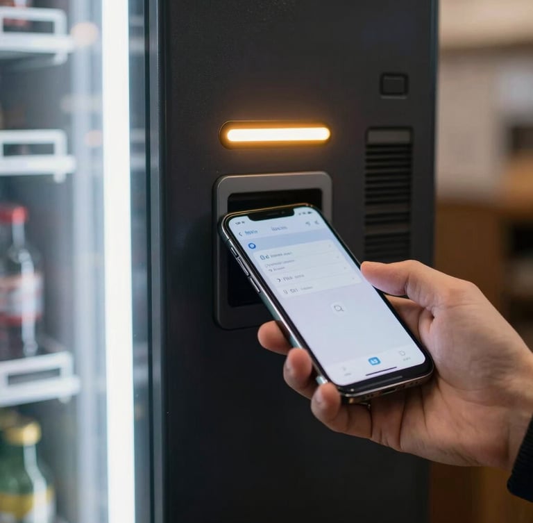 Tight macro shot of a sleek, dark vending machine interface glowing with a subtle amber LED, a clean smartphone screen tapping the contactless reader, modern and high-tech.
