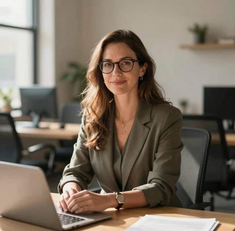 A professional environmental portrait of a life coach in a modern, sunlit workspace with warm shadows, shallow depth of field, 35mm