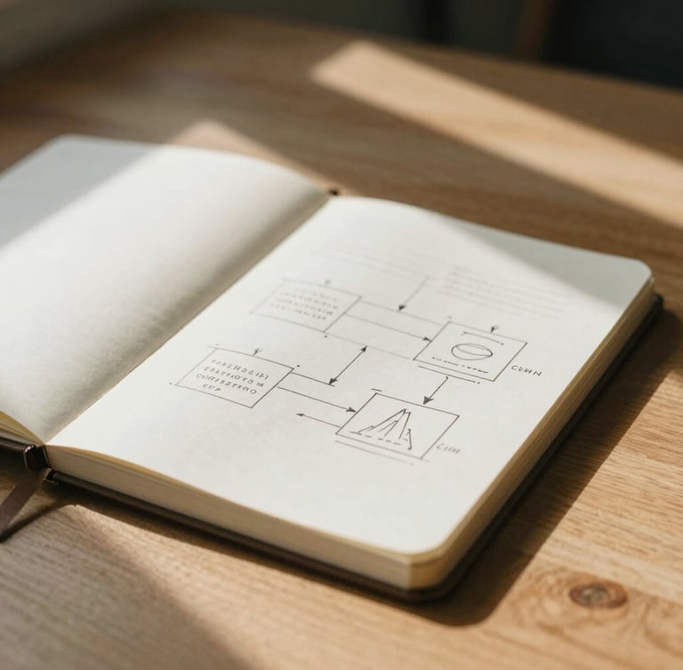 A close-up of a structured diagram hand-drawn in a minimalist notebook, sitting on a clean oak desk under soft natural window light, architectural shadows, shallow depth of field, 35mm