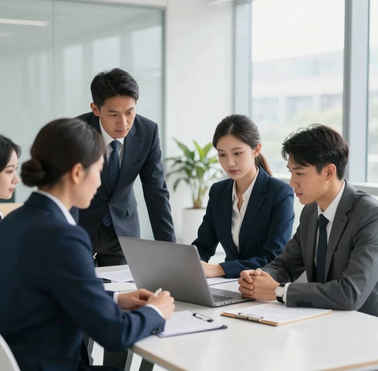 Professional business meeting, diverse team collaborating around a laptop, bright natural daylight, modern corporate photography