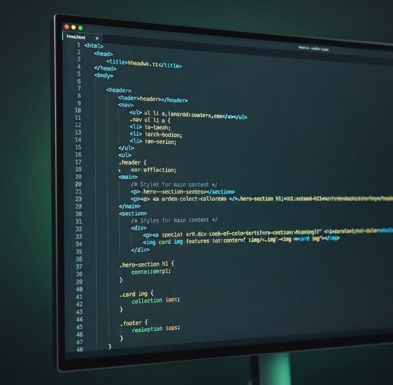 Macro shot of clean code editor displaying HTML and CSS on a high-end monitor, cool studio lighting with subtle neon green backlighting, sharp focus, 35mm
