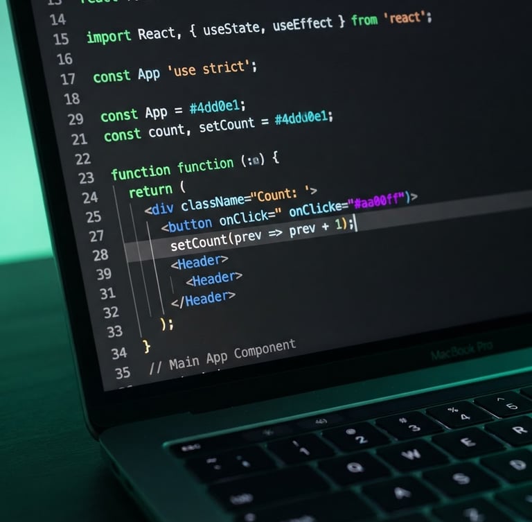 Macro shot of physical laptop screen displaying clean, syntax-highlighted React code, cool studio lighting with deep slate shadows and neon green glows, sharp focus, 35mm