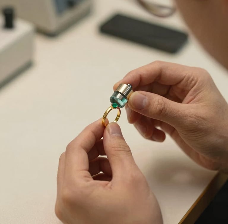Warm editorial photography of a professional gold purity test, hands holding a jeweler's loupe over a classic gold ring, soft indoor office lighting, rich gold and emerald tones, shallow depth of field, 35mm