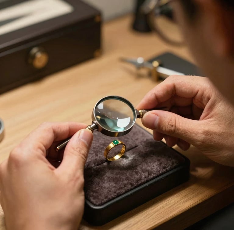 Close-up of hands holding a jeweler's loupe over a gold ring on a velvet tray, professional indoor office setting, warm soft lighting, 35mm