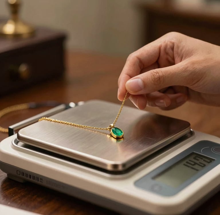 Macro close-up of a gold 18k necklace being carefully placed on a high-precision digital scale in a secure, elegant office environment, warm editorial lighting, rich gold tones.