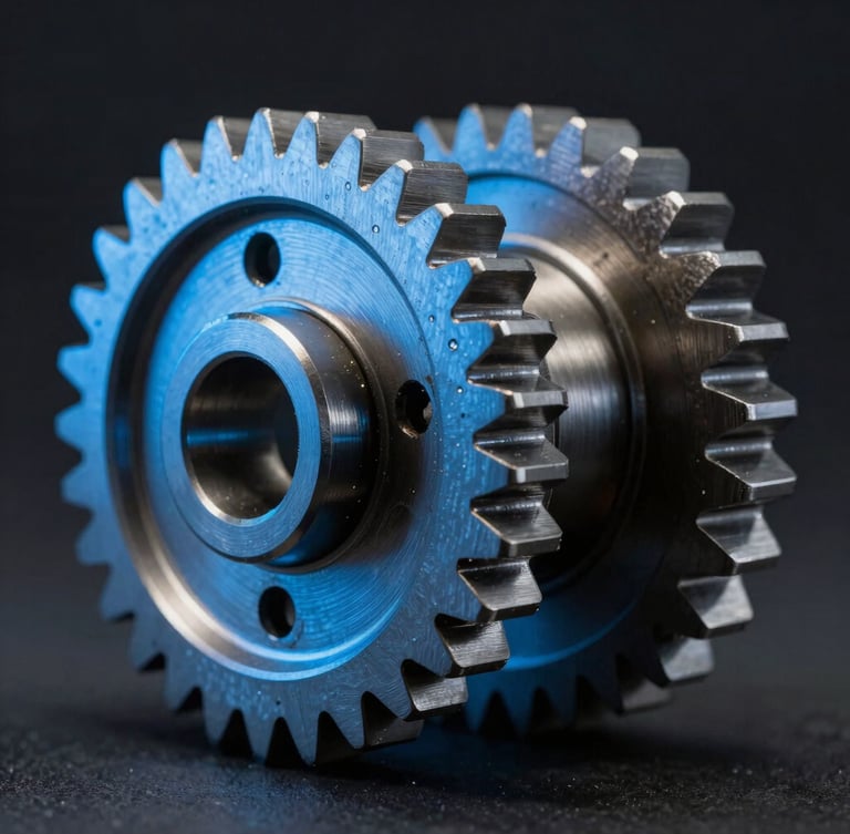 Macro shot of precision-milled steel mechanical gears with cool blue rim lighting, dark background