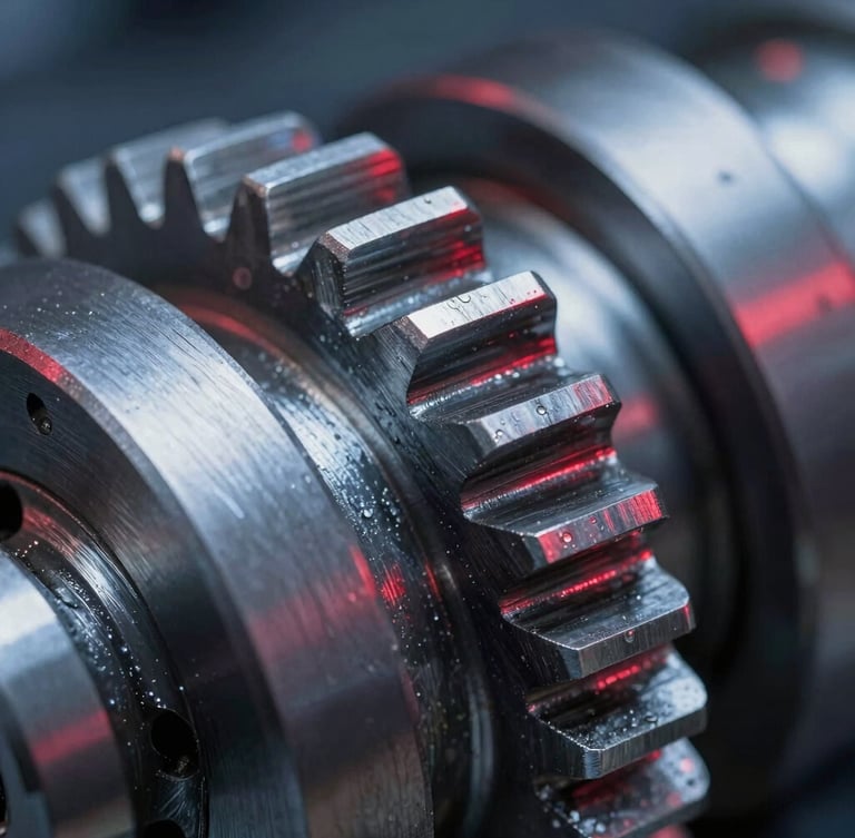 Extreme macro close-up of precision-milled steel mechanical gear teeth, dramatic red rim lighting, cool blue ambient shadows.
