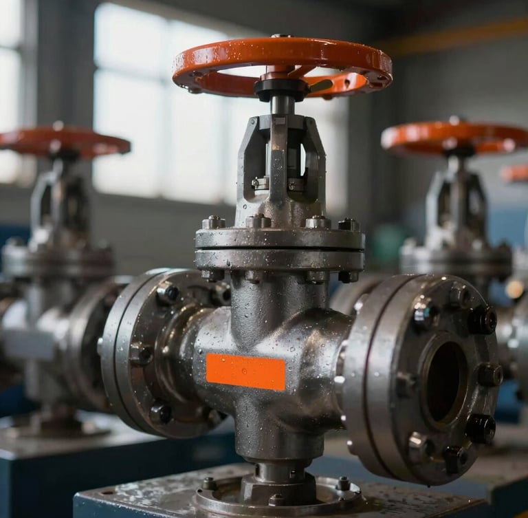 Macro shot of a heavy-duty steel ammonia valve manifold, safety orange markings, high-contrast industrial lighting, sharp metal textures, shallow depth of field, 50mm lens