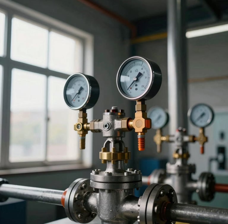 Macro shot of heavy-duty industrial control valves and pressure gauges in a clean modern mechanical room, steel and brass textures, dramatic natural window lighting, cool industrial tones